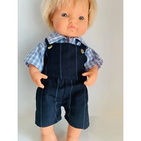 Doll dressed in French Cotton Shirt & Navy Overalls Outfit