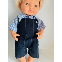 Doll dressed in French Cotton Shirt & Navy Overalls Outfit
