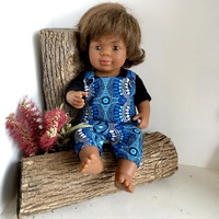Doll Dressed in Desert Flora Blue Overalls